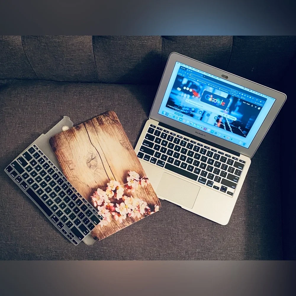 Apple MacBook Air with Charger & Cherry Blossom Wood Case & keyboard cover